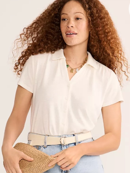 Lands' End Tops - Lands End Women's Linen Blend Short Sleeve Button Front Polo Top- Size Large